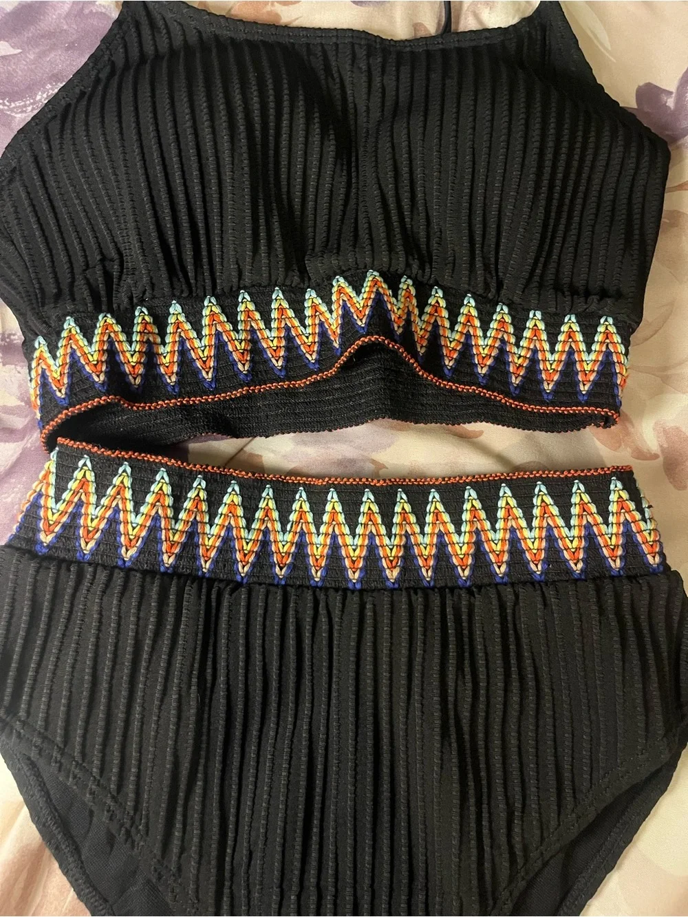 Cupshe Black Ribbed High-Waist Bikini with Multicolor Zigzag Trim